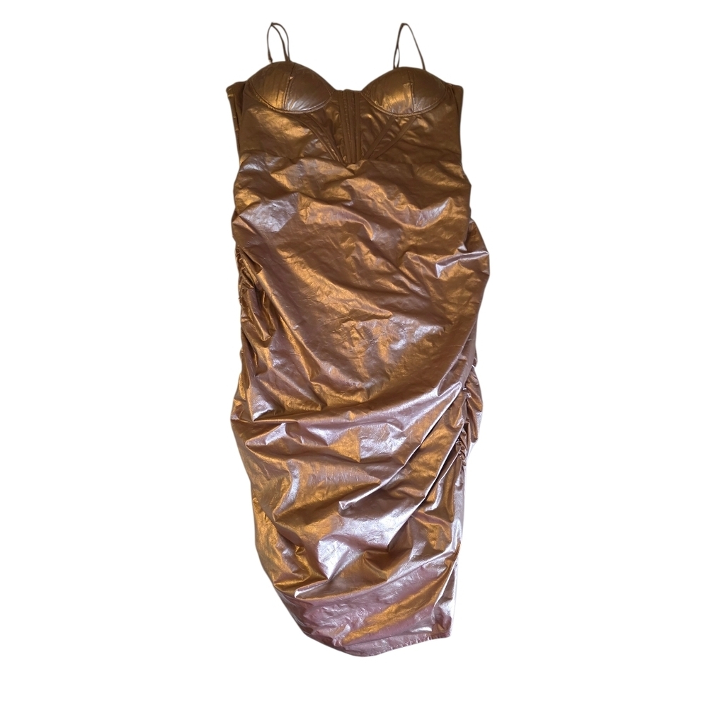 AKIRA Metallic Bronze Ruched Bodycon Dress 2X Faux Leather Corset Style